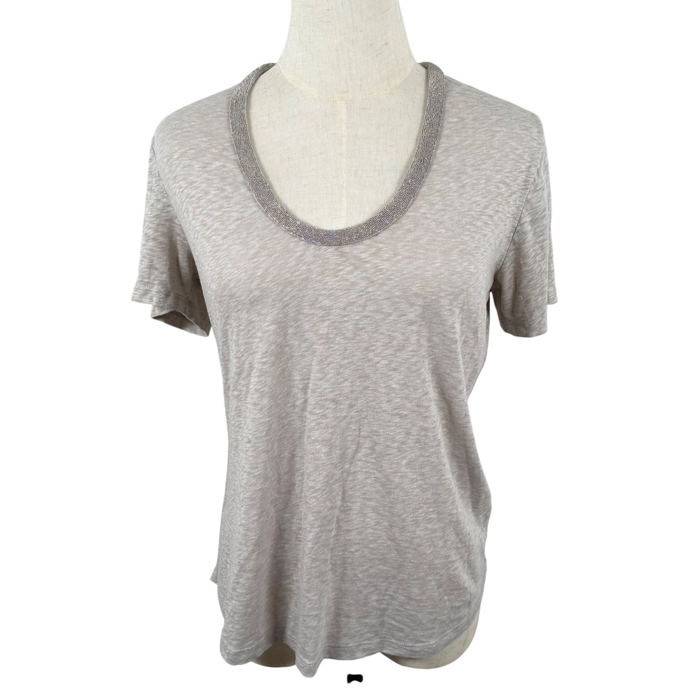 J.Crew Womens M Tee Oatmeal Heather Beaded Scoop Neck C2721 SS Retro Neutral GUC